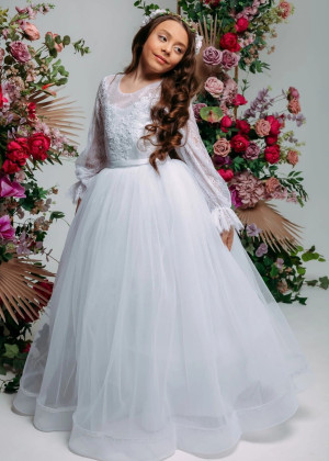 White Eyelash Lace Tulle Long Flower Girl Dress
